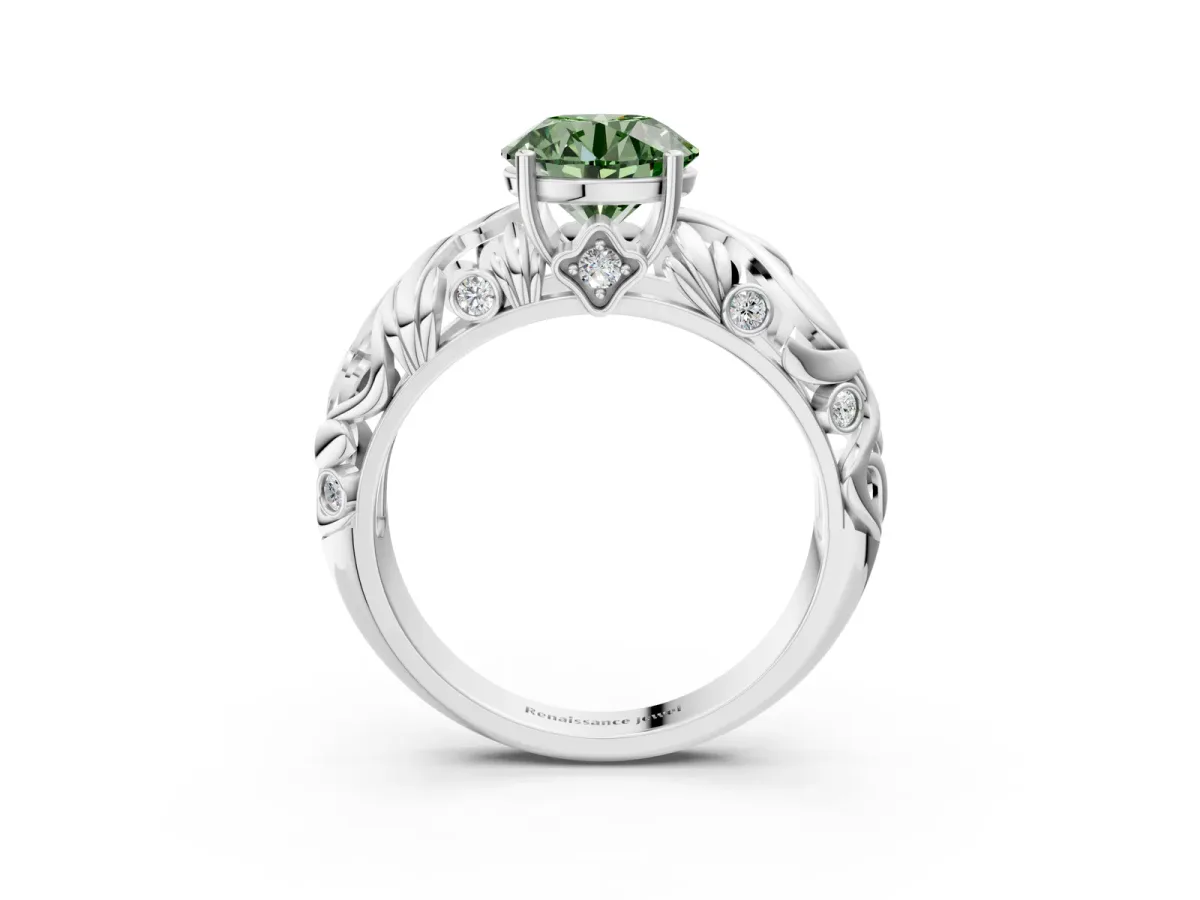 Fancy Green Round Cut Solitaire Diamond Leaf-Inspired Vine Band Ring with Prong Setting Silver