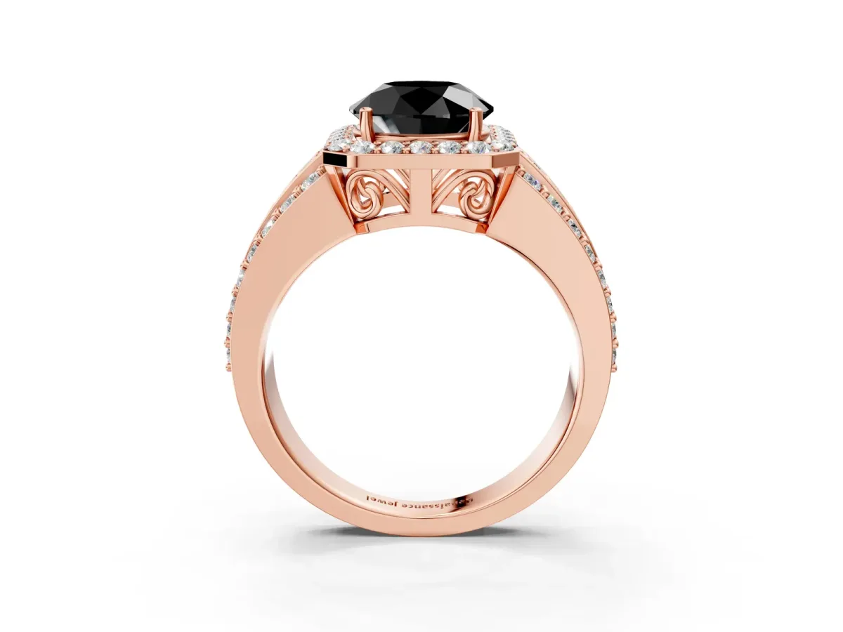 Fancy Black Round Cut Halo Diamond Ring with Round Split Shank and Prong Setting Rose gold