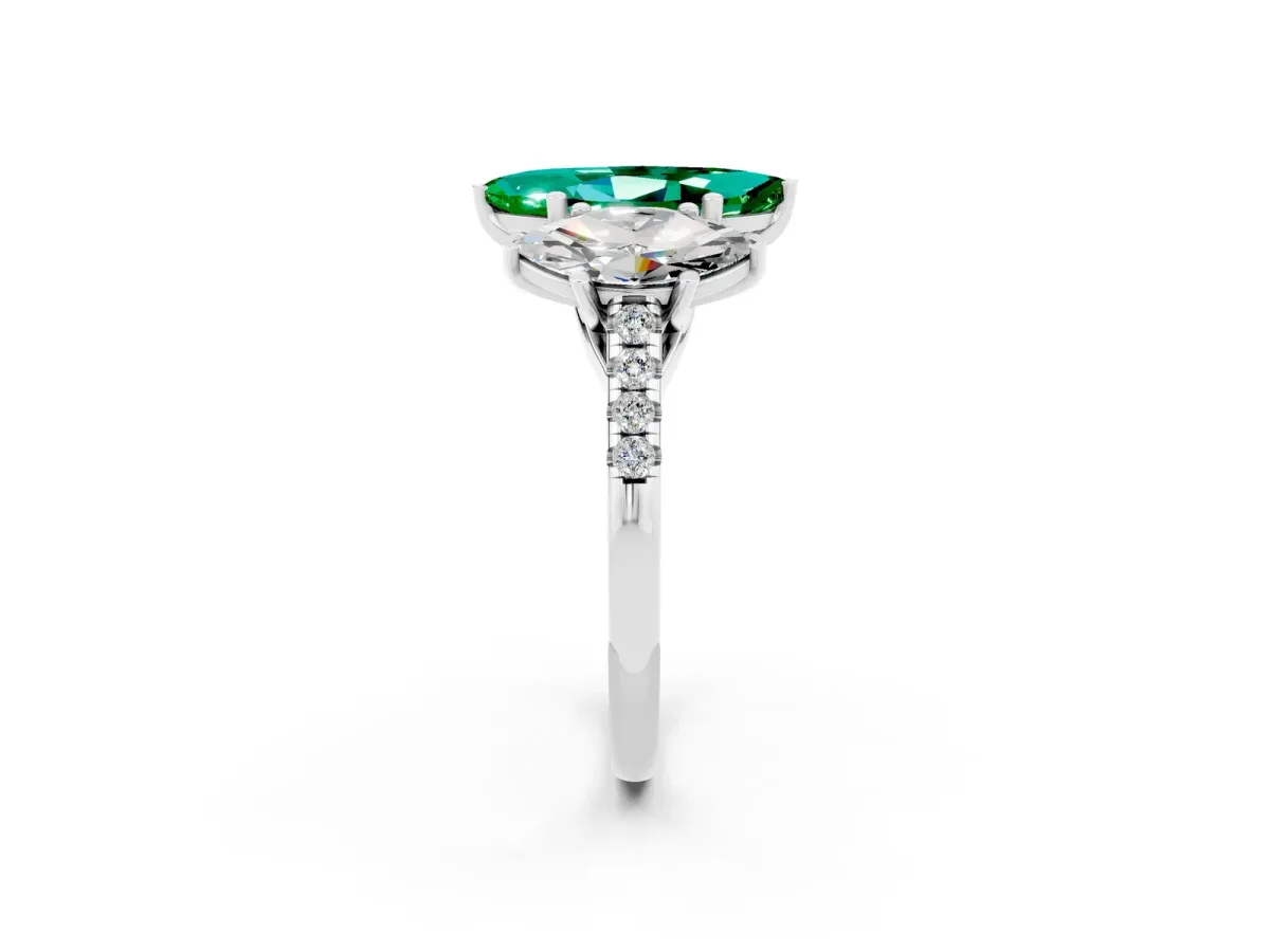 Three-Stone Marquise Cut Emerald Ring with Round Pavé Band and Prong Setting Silver