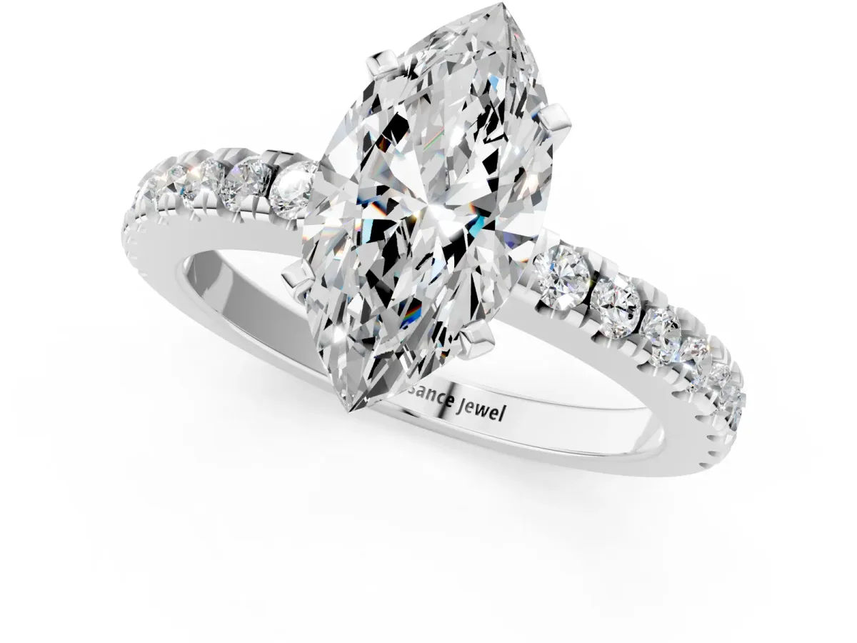 Marquise Cut Solitaire Diamond with Pavé Band and Four-Prong Setting Silver