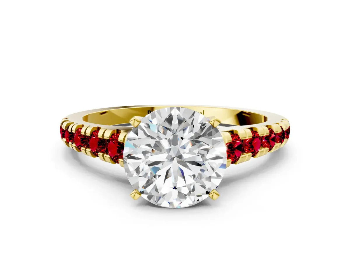Round Cut Diamond Cathedral Solitaire Ring with Round Ruby Pavé Band Yellow gold