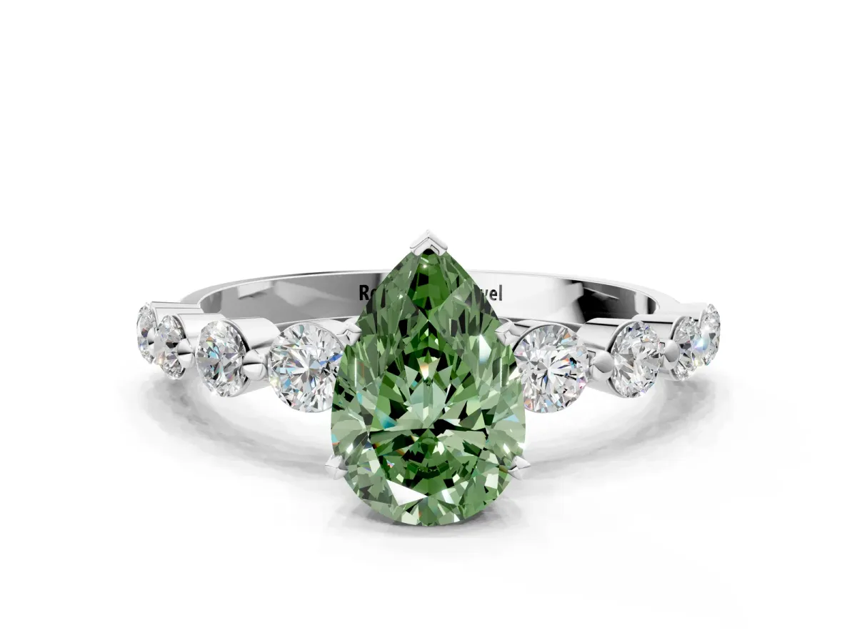 Fancy Green Pear Cut Solitaire Diamond Ring with Pave Band and Four-Prong Setting Platinum