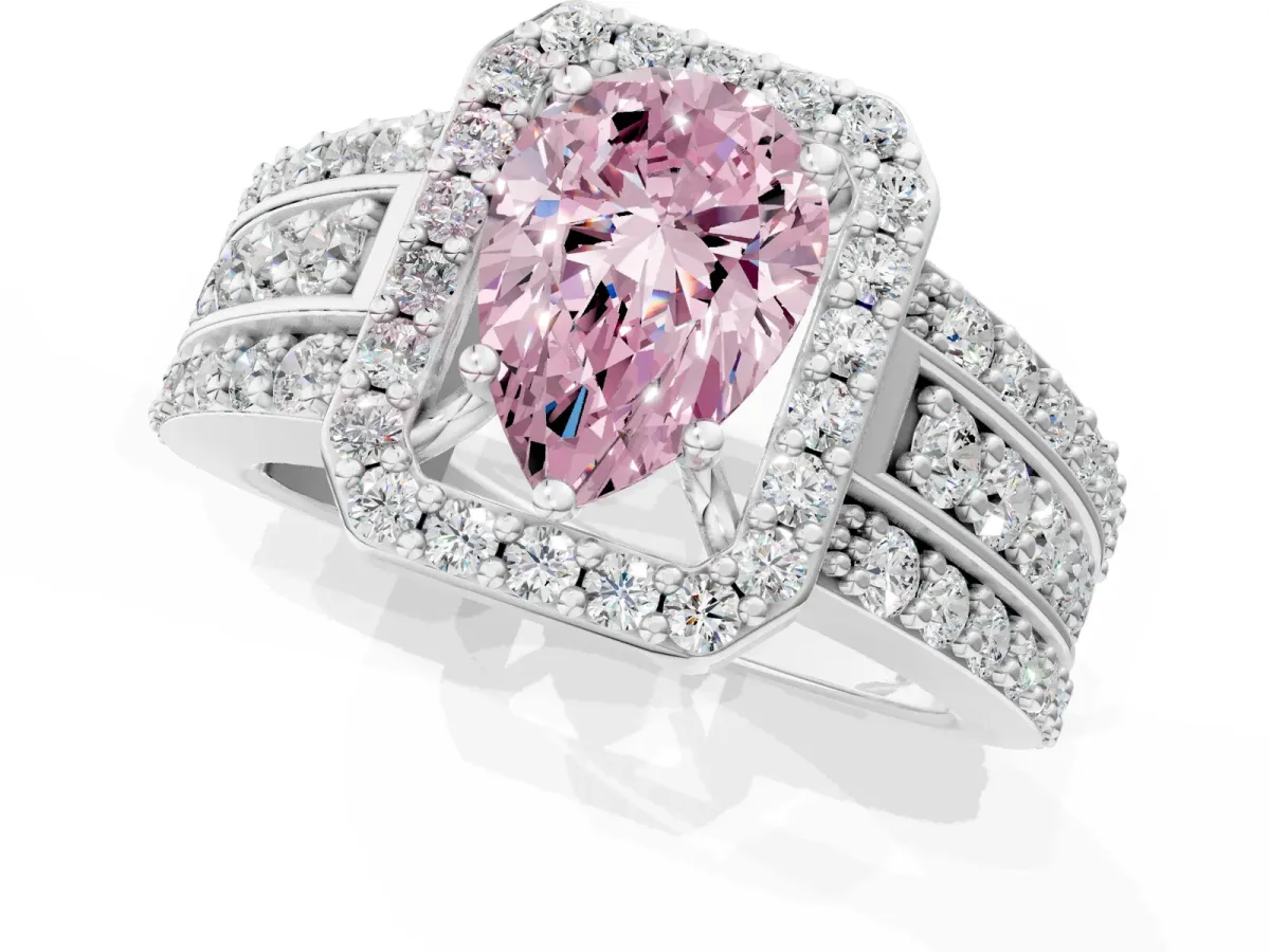 Fancy Pink Pear Cut Halo Diamond Ring with Round Split Shank and Prong Setting Silver