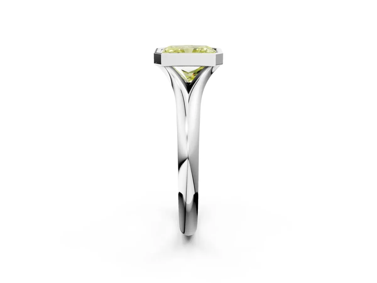 Fancy Yellow Bezel Set Radiant Cut Solitaire Diamond Ring with Smooth Band Platinum