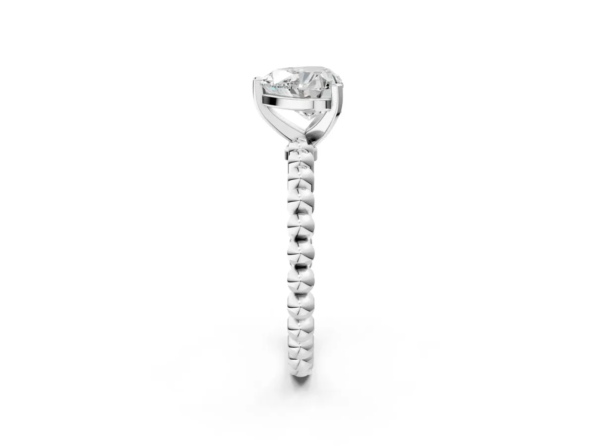 Heart Cut Diamond Solitaire Ring with Beaded Band and Prong Setting White gold