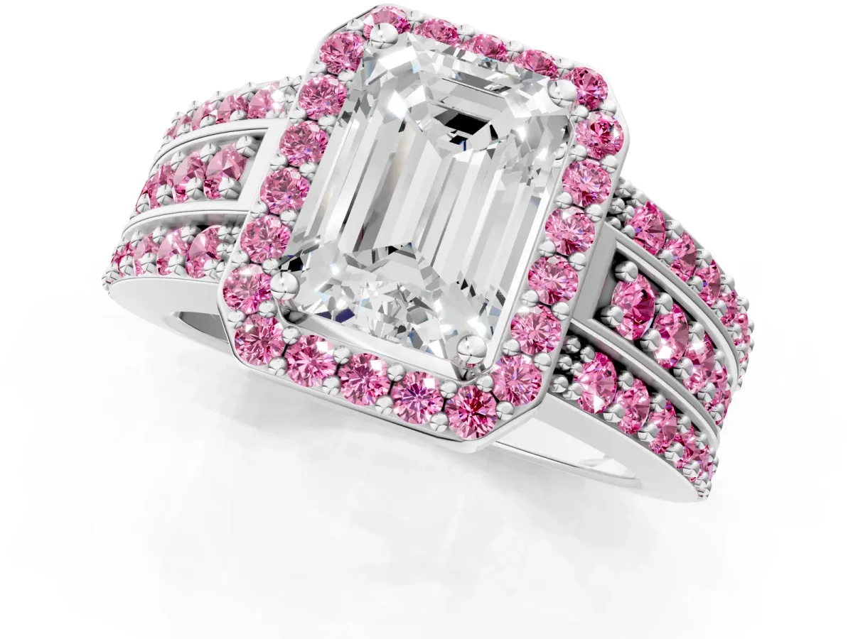 Emerald Cut Halo Diamond Ring with Round Pink Sapphire Split Shank and Prong Setting Silver