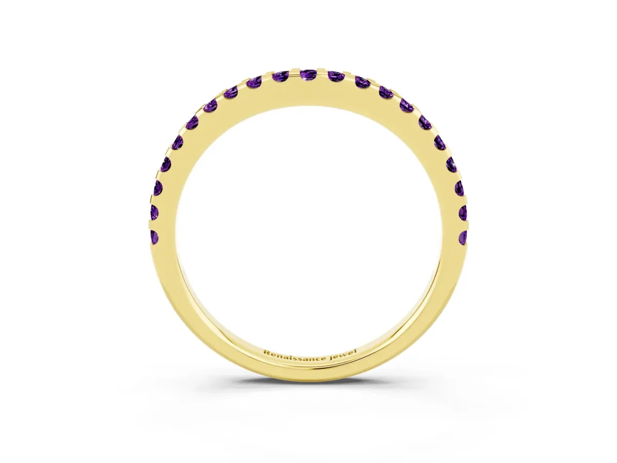 Round Amethyst Pavé Curved Wedding Band Yellow gold