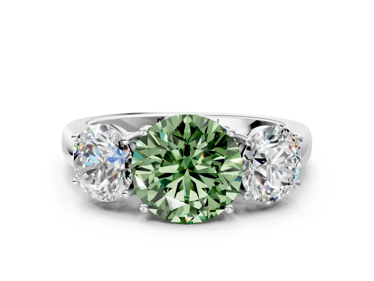 Fancy Green Round Cut Diamond Three-Stone Ring with Four-Prong Setting and Classic Band Platinum
