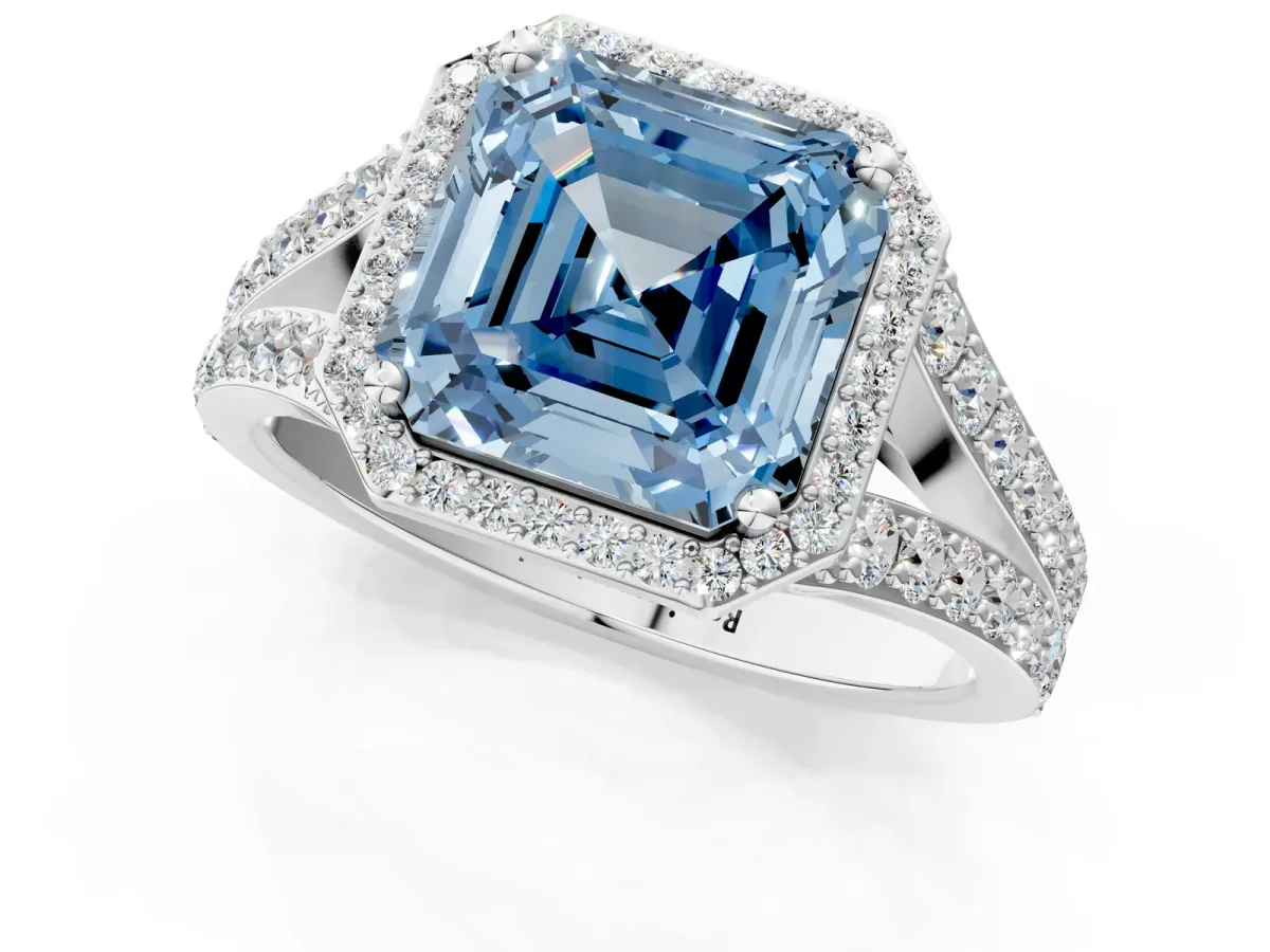 Fancy Blue Asscher Cut Diamond Split Shank Halo Ring with Four-Prong Setting Platinum