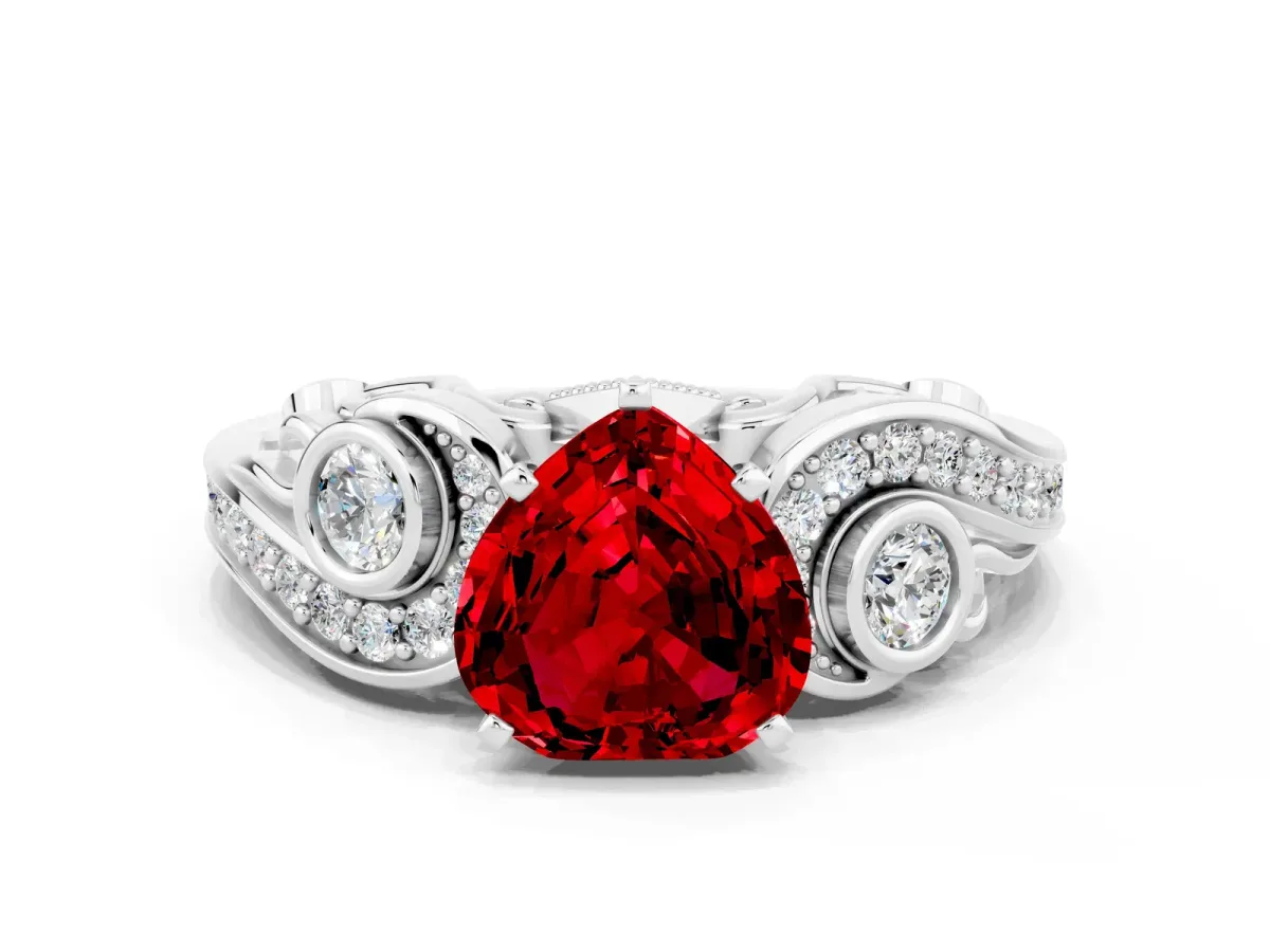 Heart Cut Ruby Solitaire Ring with Milgrain Pavé Band and Four-Prong Setting Silver