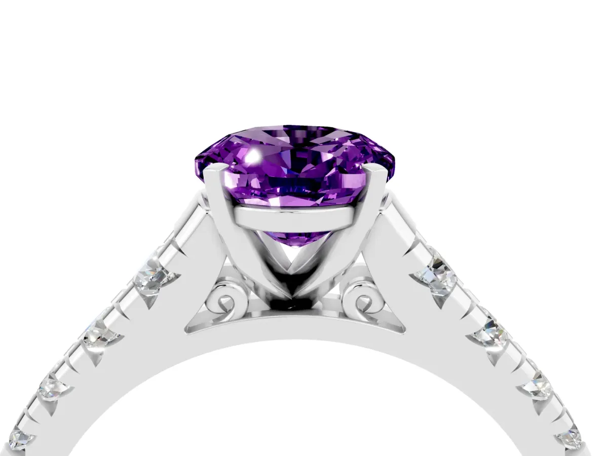 Oval Cut Amethyst Cathedral Solitaire Ring with Round Pavé Band Silver