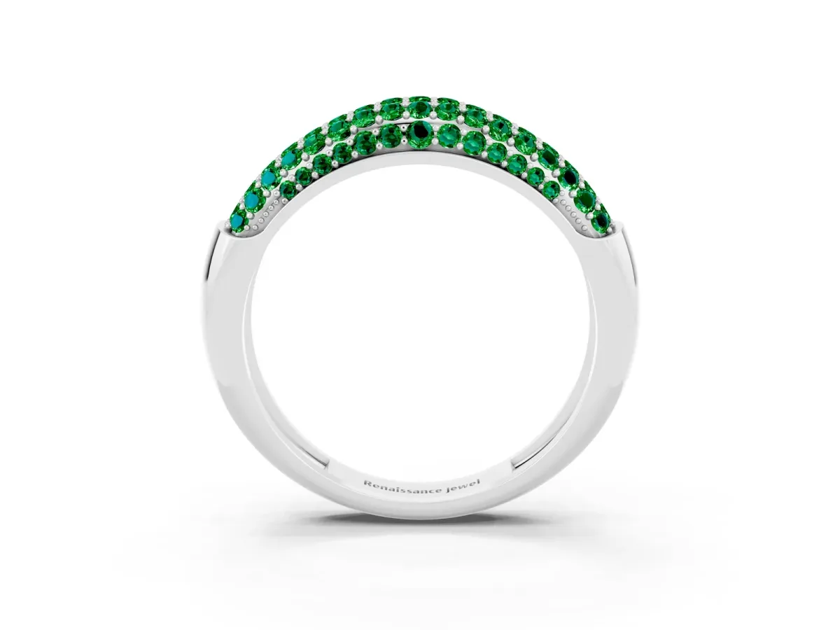 Three-Row Pavé Round Emerald Dome Band White gold