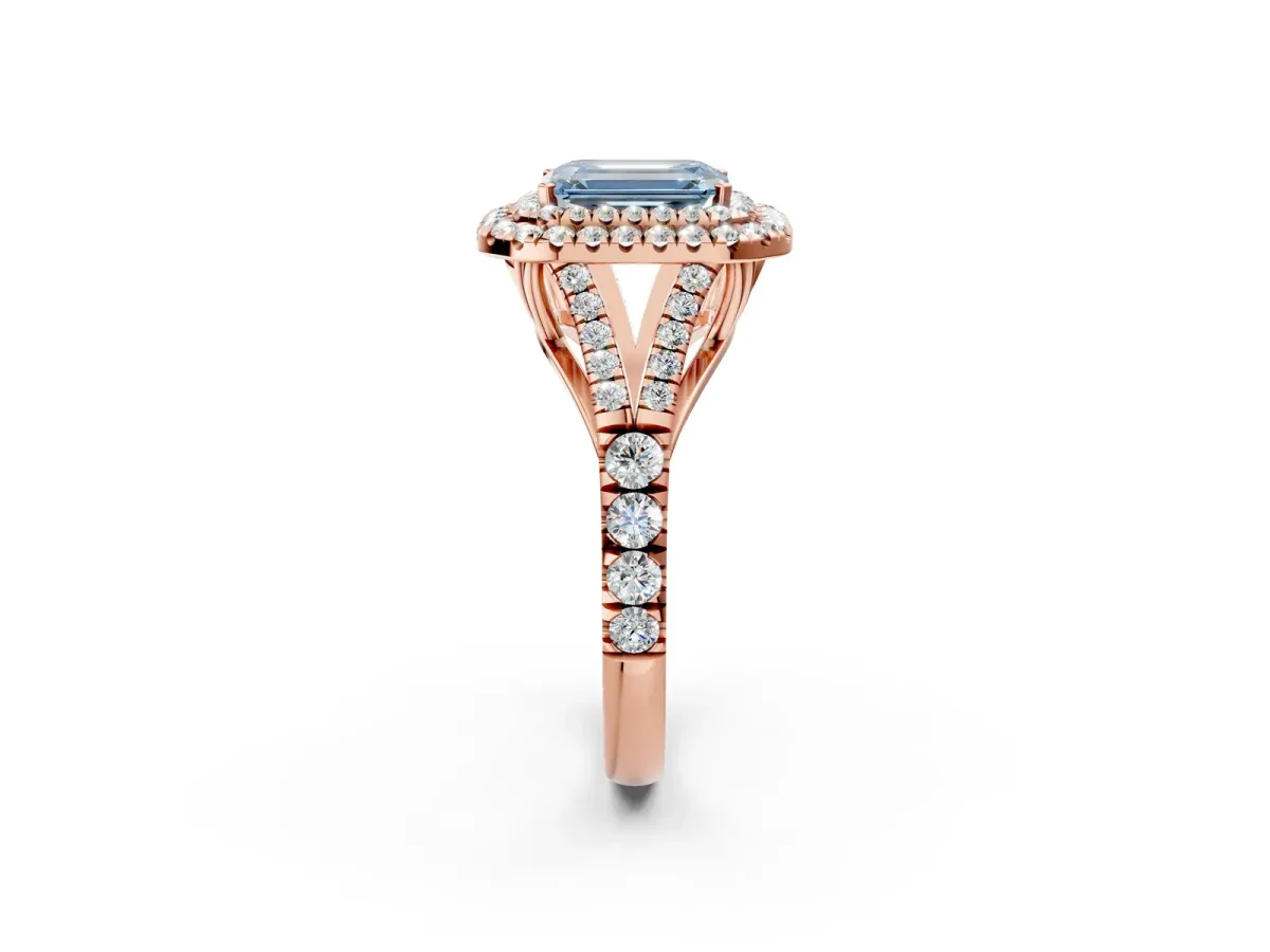 Fancy Blue Emerald Cut Diamond Double Halo Ring with Split Shank and Prong Setting Rose gold