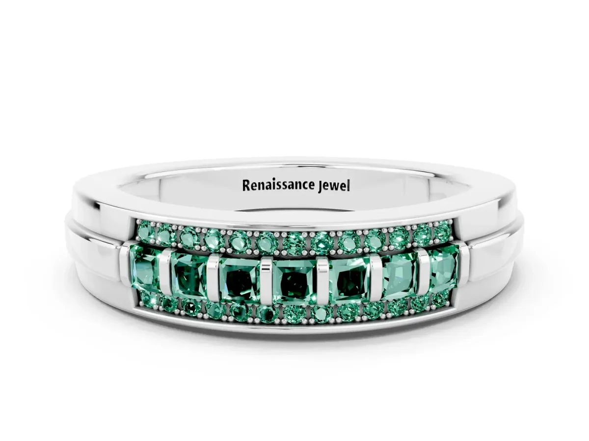 Bar-Set Princess Cut Green Sapphire Pavé Band Platinum