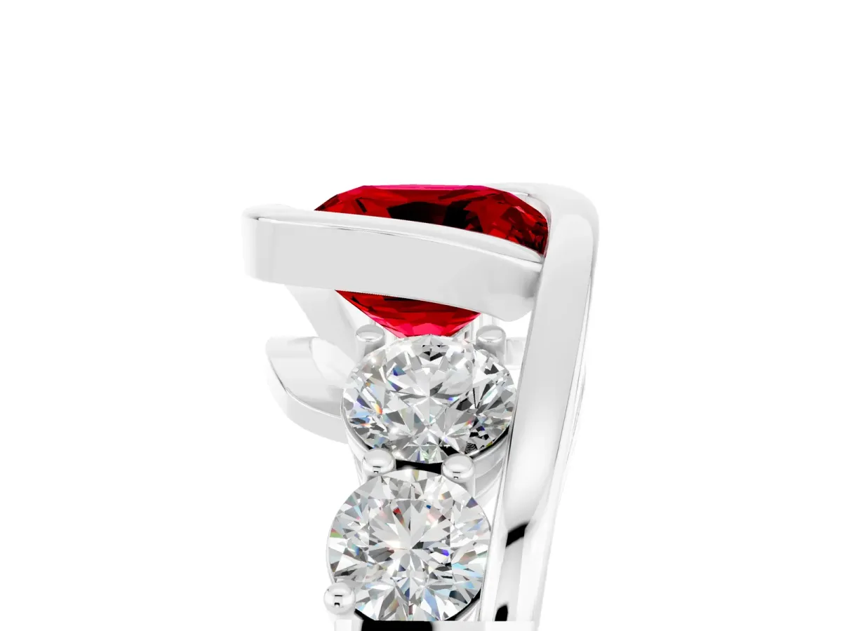 Bezel Set Cushion Cut Ruby Bypass Ring with Round Accents Silver