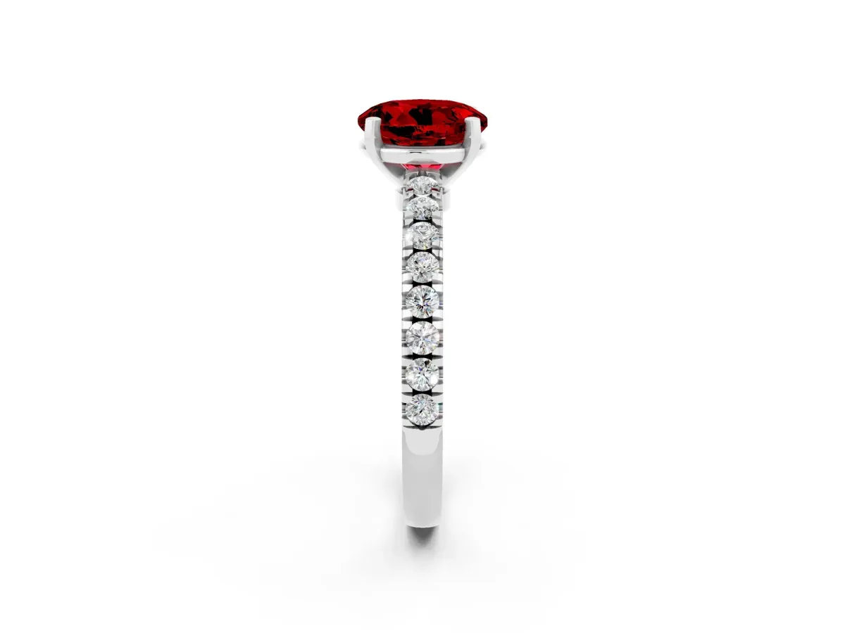Round Cut Solitaire Ruby with Pavé Band and Four-Prong Setting Silver