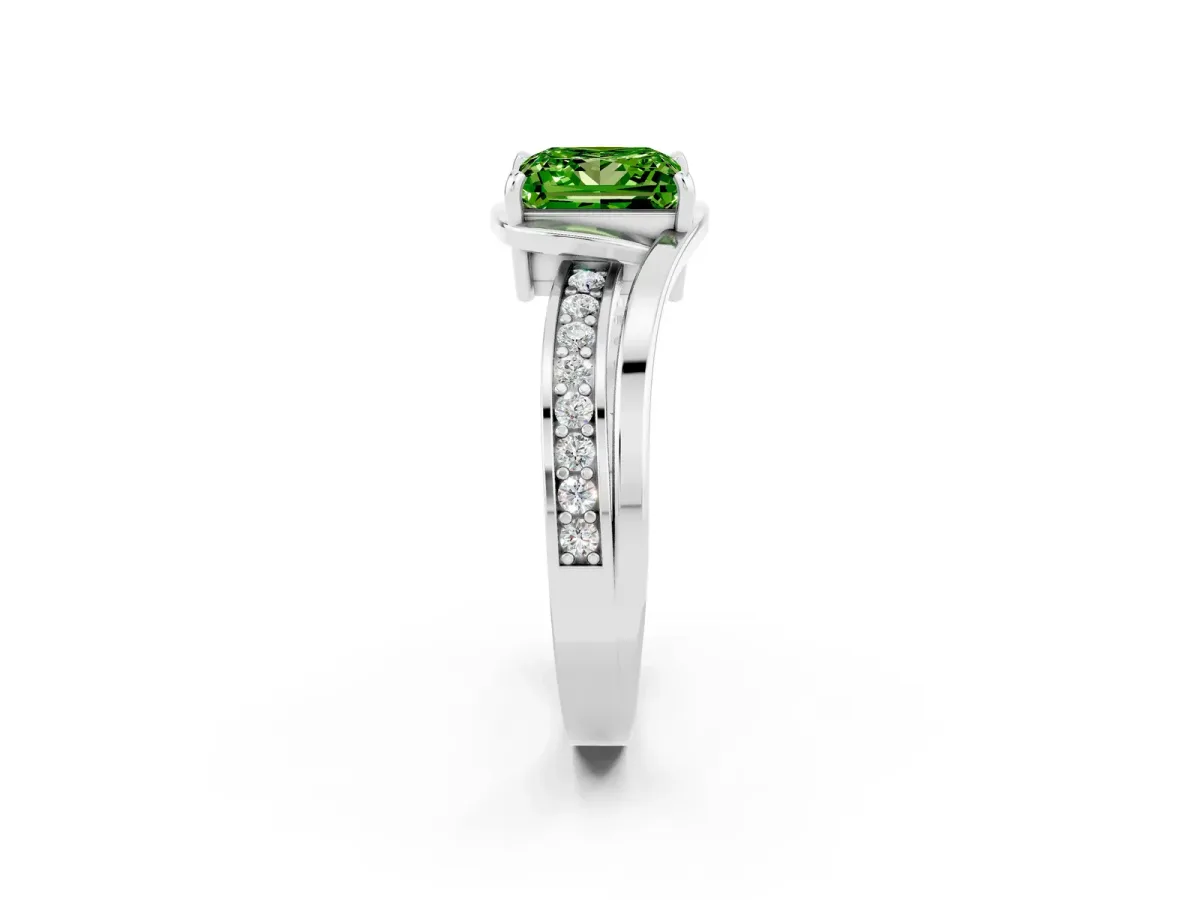 Princess Cut Peridot Solitaire Ring with Split Shank and Prong Setting Platinum