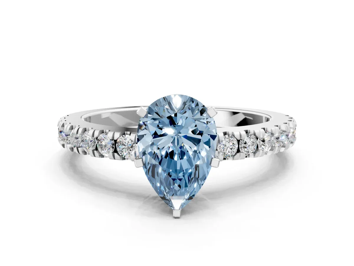 Fancy Blue Pear Cut Solitaire Diamond with Pavé Band and Four-Prong Setting Silver