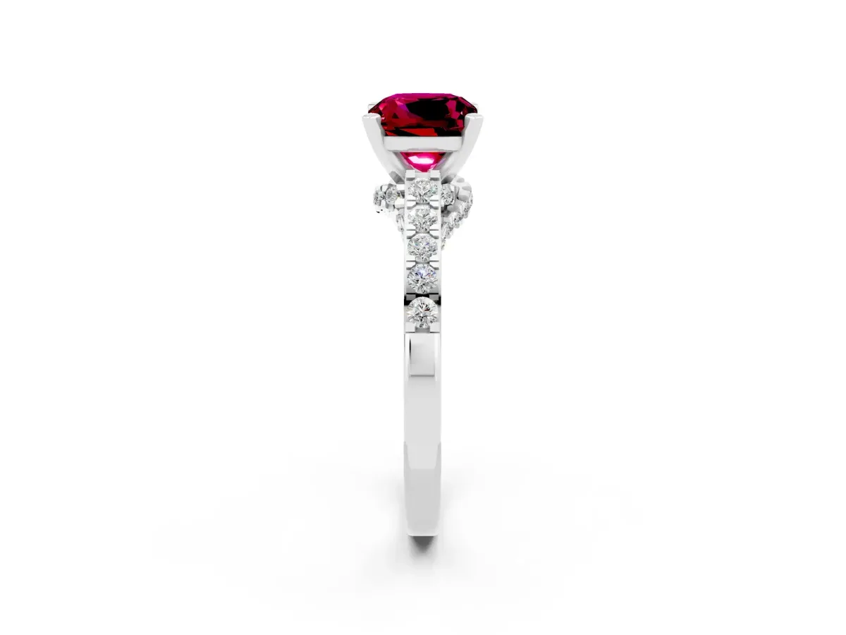 Cushion Cut Garnet Solitaire Ring with Crossover Gallery and Round Pavé Band Silver