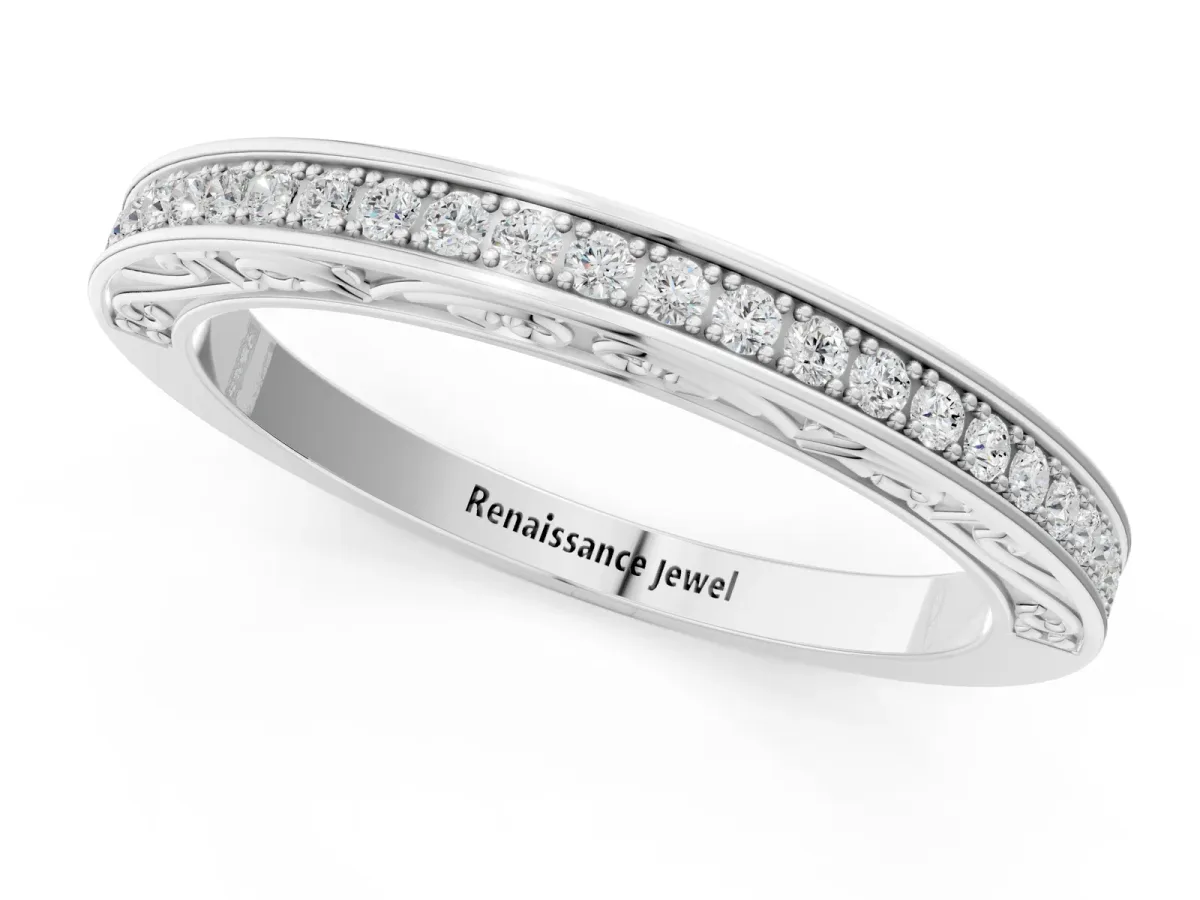 Channel Set Round Diamond Milgrain Engraved Band Platinum