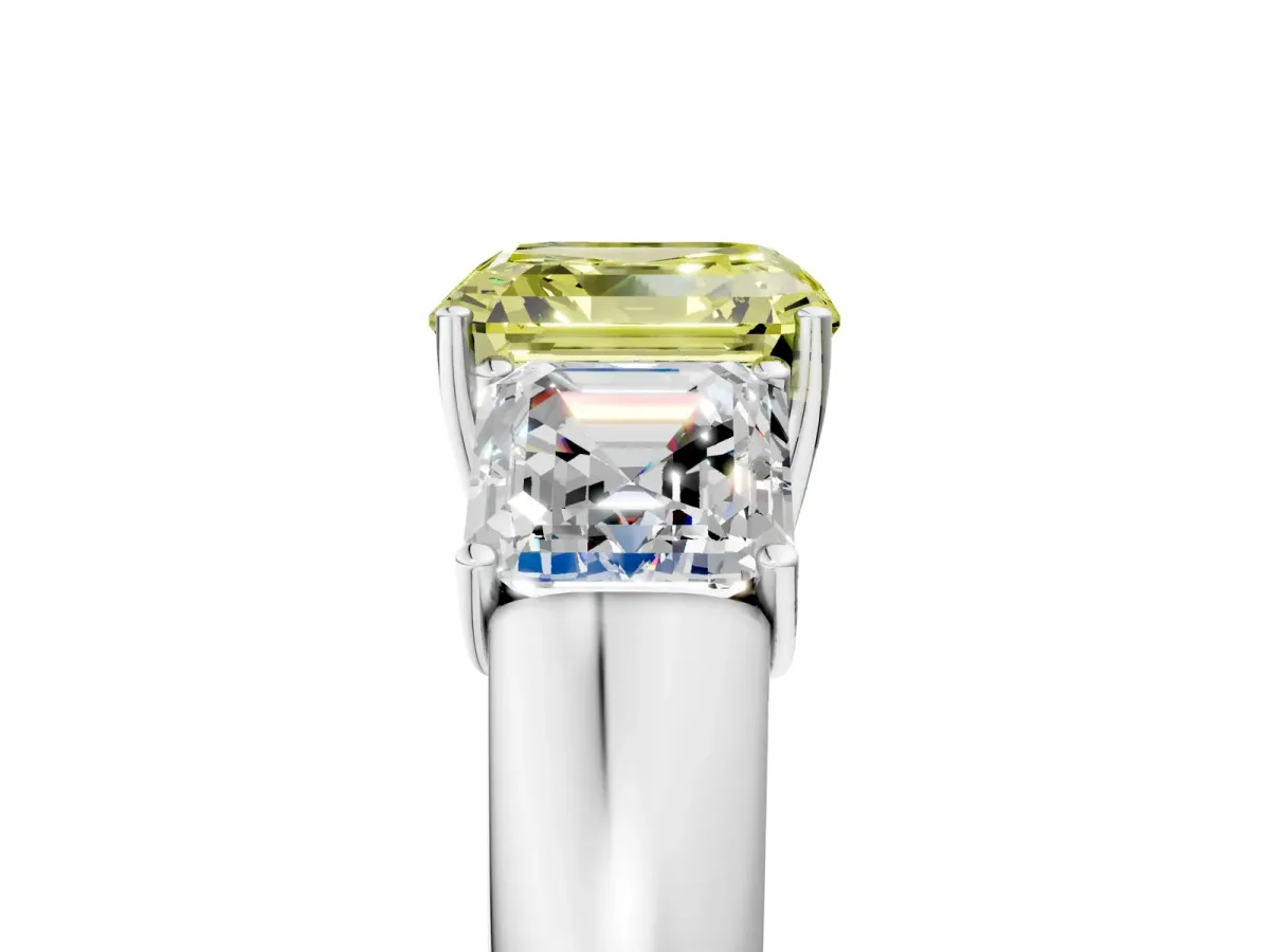 Fancy Yellow Three-Stone Asscher Cut Cut Diamond Ring with Prong Setting and Classic Band Platinum