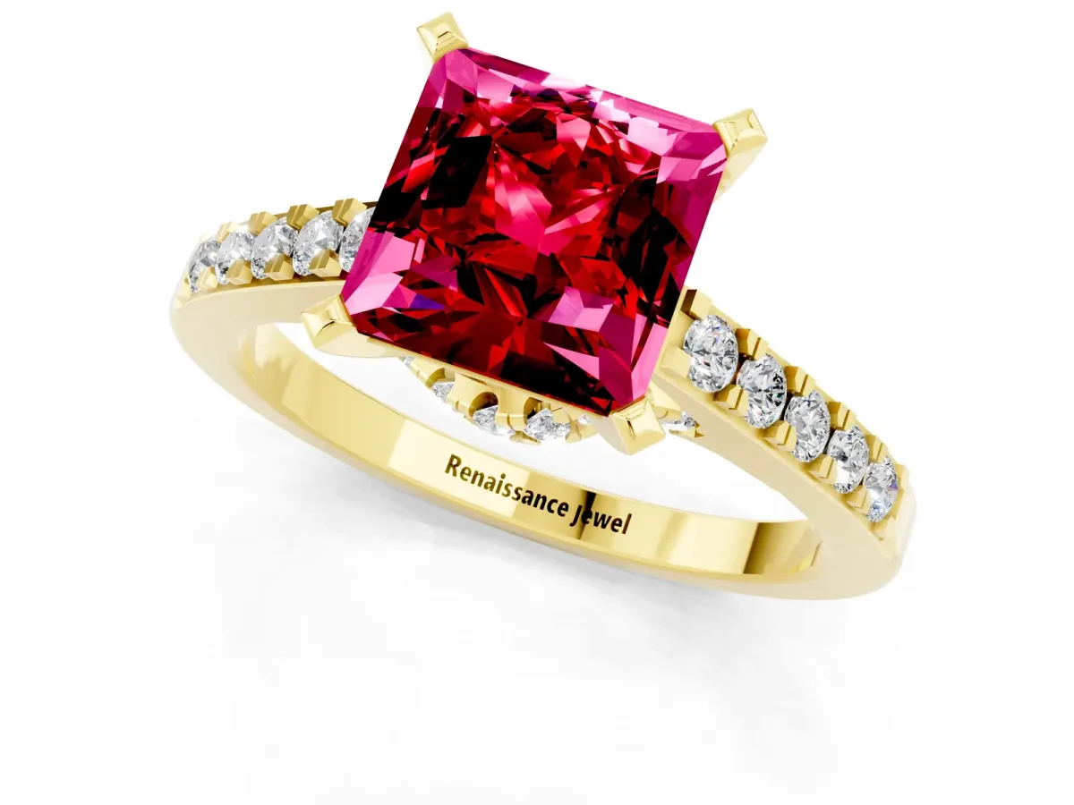 Princess Cut Ruby Solitaire Ring with Crossover Gallery and Round Pavé Band Yellow gold