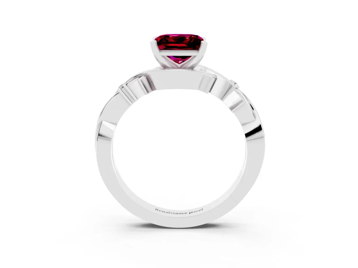 Princess Cut Garnet Solitaire Ring with Twisted Band and Prong Setting White gold