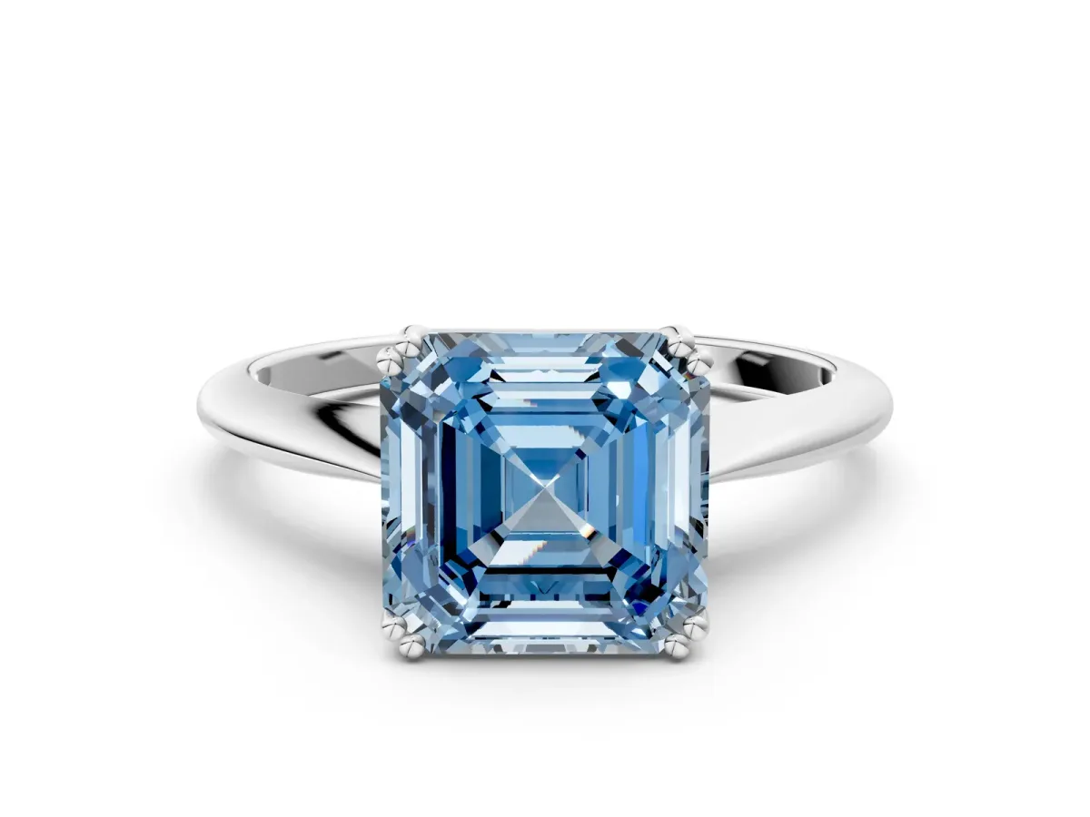 Fancy Blue Asscher Cut Solitaire Diamond Ring with Six-Prong Setting and Classic Band Platinum