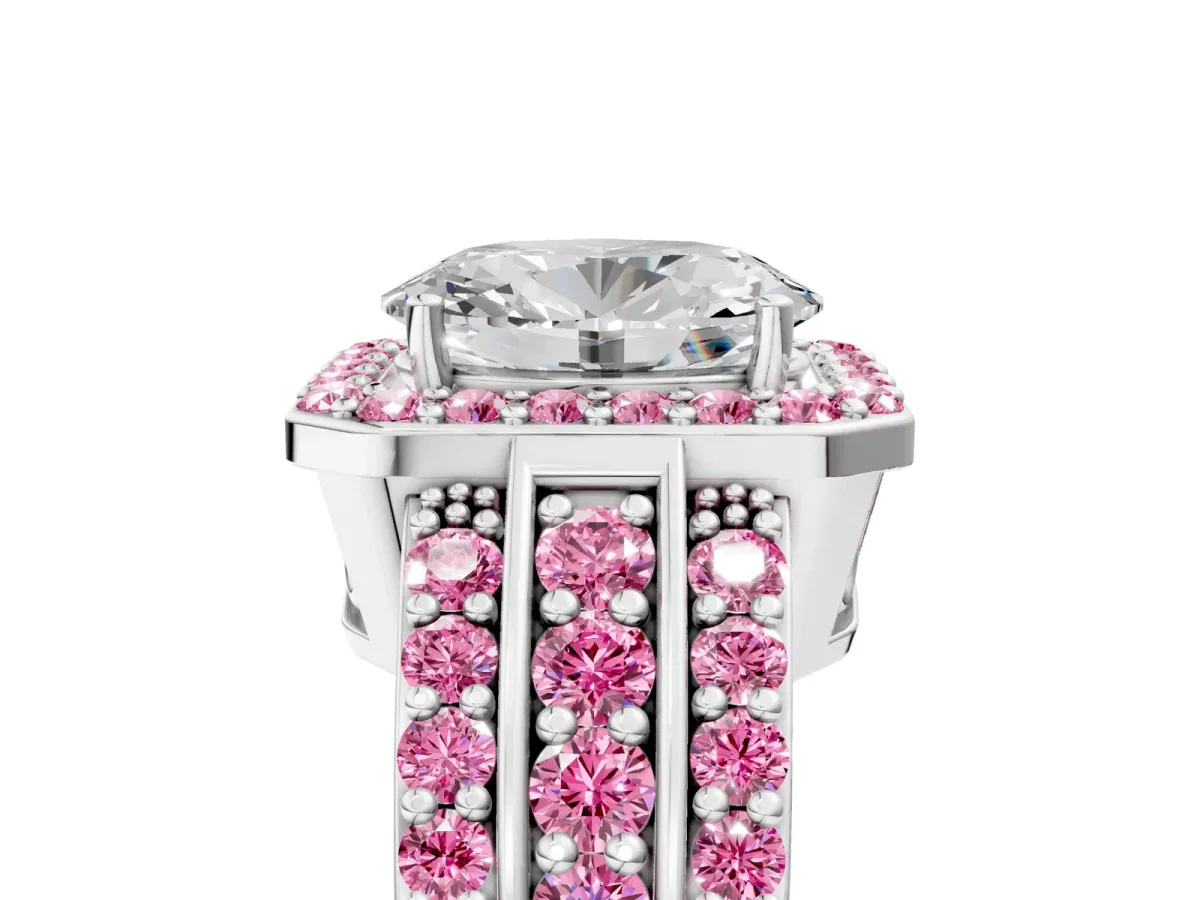Oval Cut Halo Diamond Ring with Round Pink Sapphire Split Shank and Prong Setting Silver