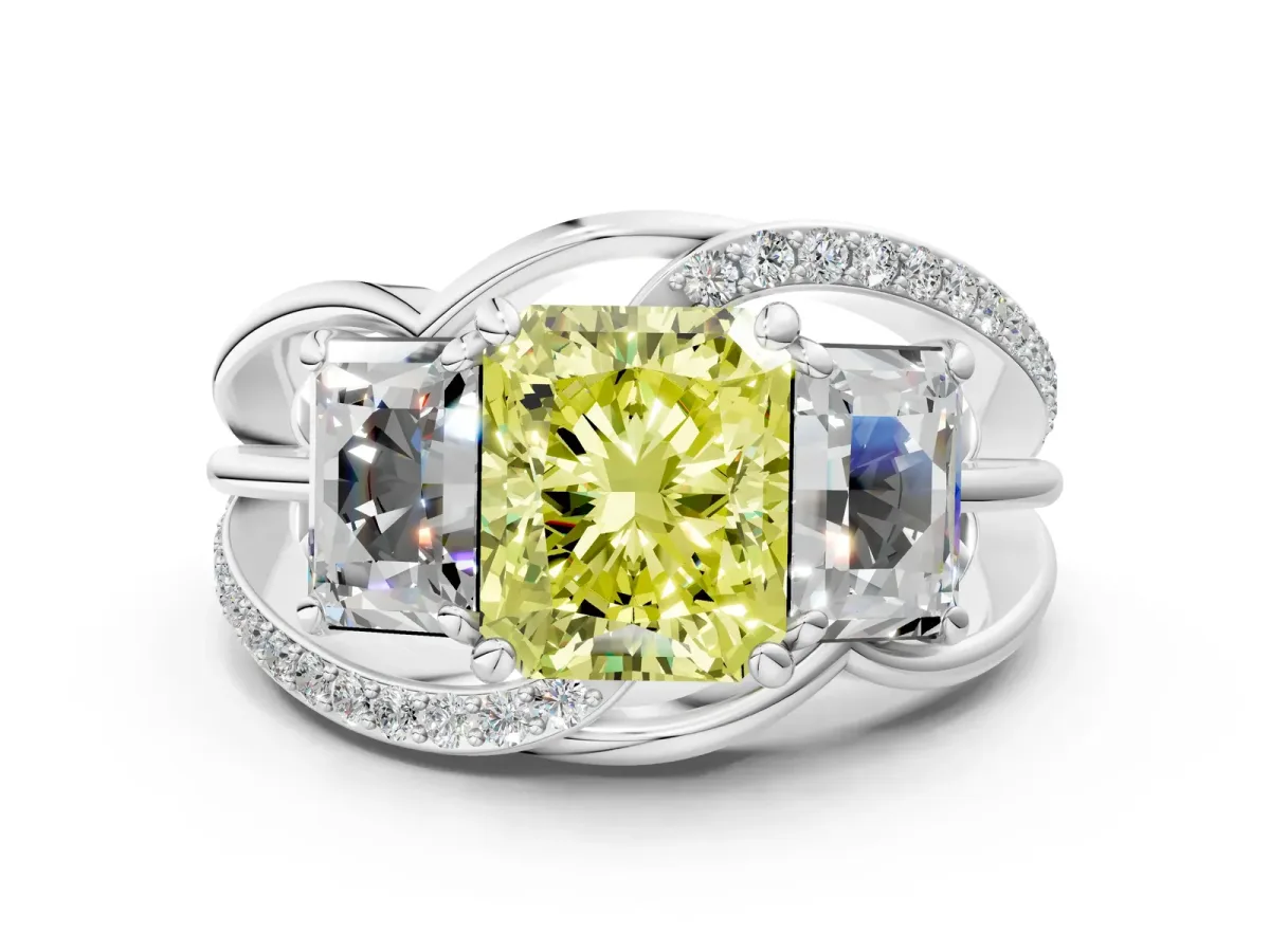 Fancy Yellow Three-Stone Radiant Cut Cut Diamond Split Shank Prong Set Ring Platinum