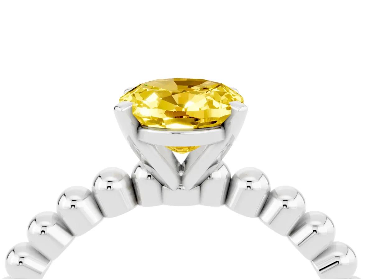 Oval Cut Yellow Sapphire Solitaire Ring with Beaded Band and Prong Setting Platinum