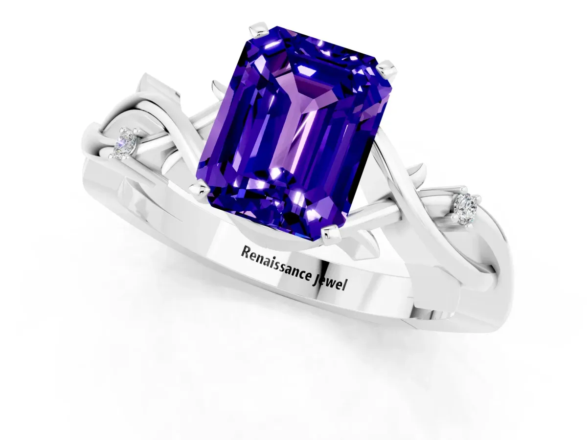 Emerald Cut Tanzanite Solitaire Ring with Twisted Band and Prong Setting Silver