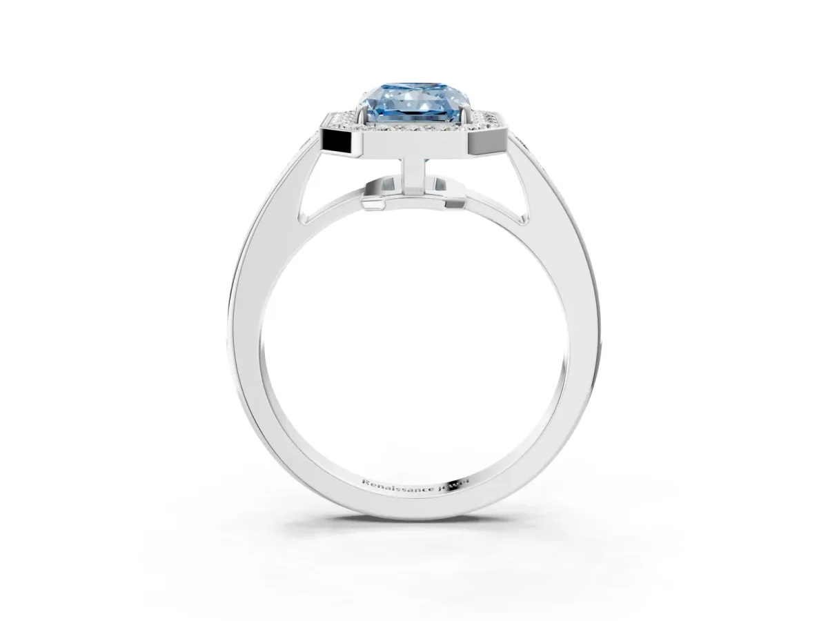 Fancy Blue Radiant Cut Halo Pavé Diamond Engagement Ring with Bezel Setting Silver