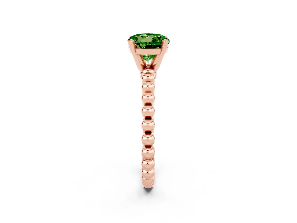 Round Cut Peridot Solitaire Ring with Beaded Band and Prong Setting Rose gold