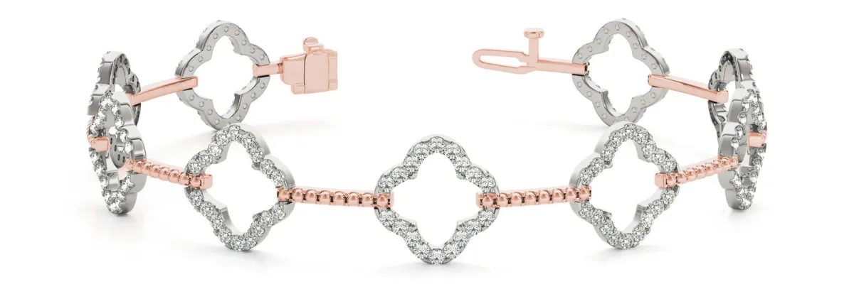 Pavé Round Diamond Open Clover Link Bracelet with Box Clasp Rose gold