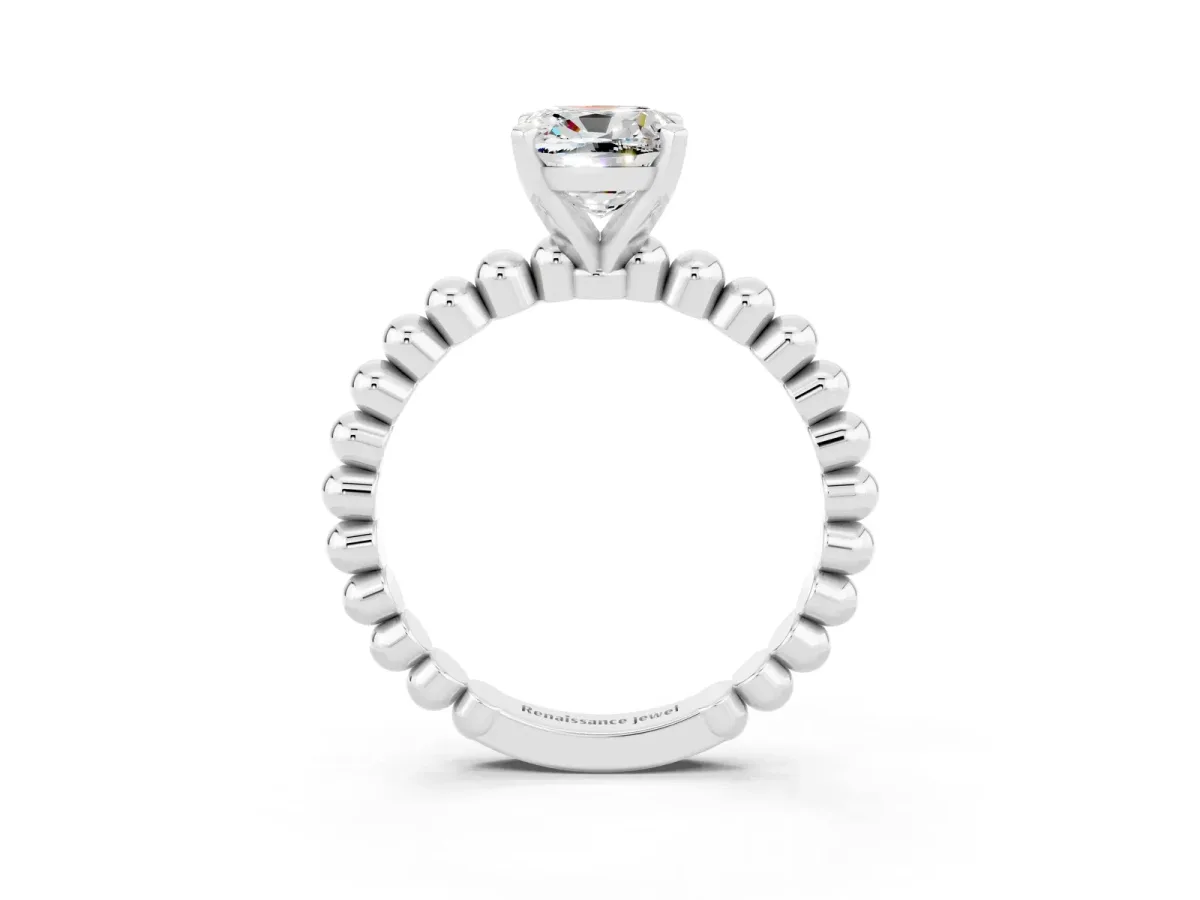 Cushion Cut Moissanite Solitaire Ring with Beaded Band and Prong Setting Silver