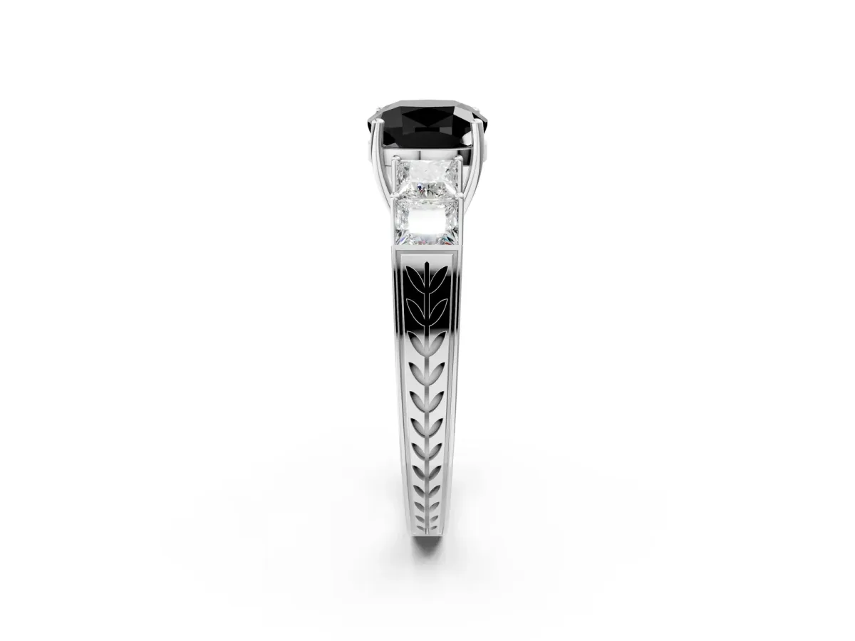 Fancy Black Cushion Cut Solitaire Princess Side Stone Engraved Band Prong Setting Ring Silver