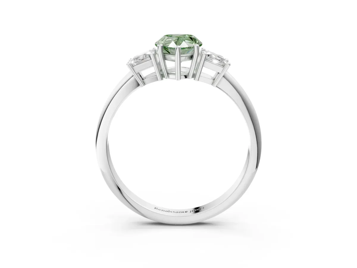 Fancy Green Pear Cut Diamond Three-Stone Ring with Trapezoid Side Stones and Prong Setting Silver