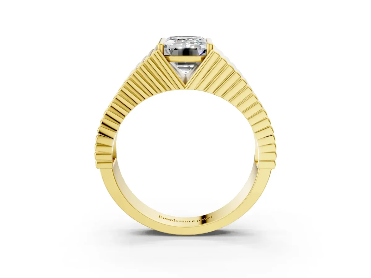 Emerald Cut Diamond Fluted Mens Ring Yellow gold