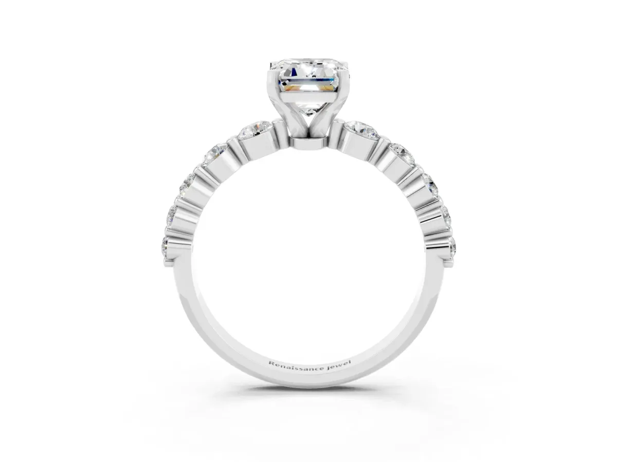 Emerald Cut Solitaire Moissanite Ring with Pave Band and Four-Prong Setting Platinum
