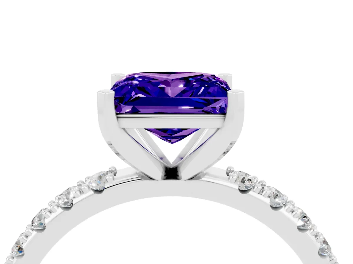 Princess Cut Tanzanite Solitaire Pavé Band with Four-Prong Setting Silver