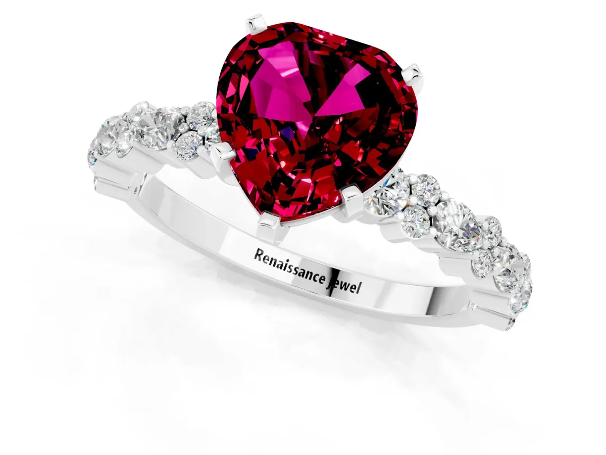 Heart Cut Garnet Side Stone Solitaire Ring with Round and Four-Prong Setting Platinum