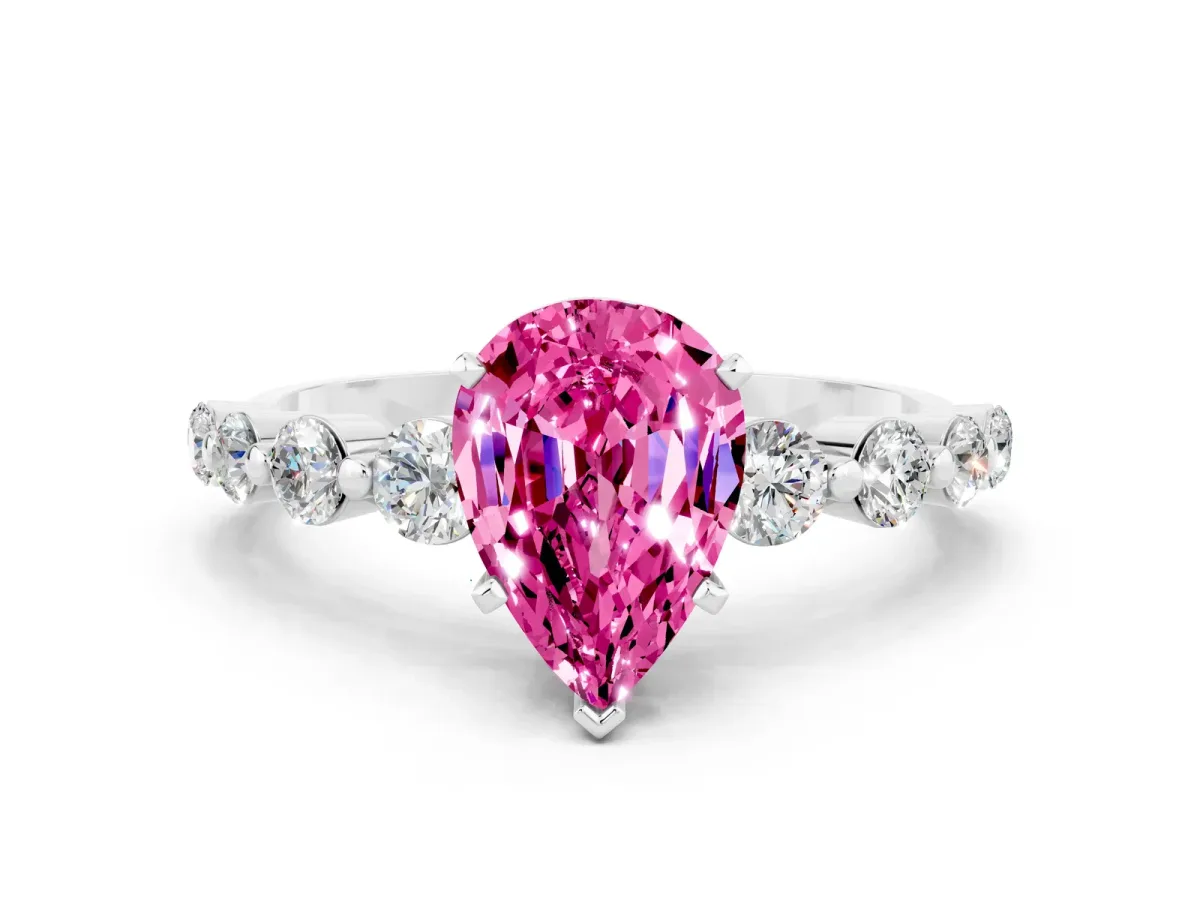 Pear Cut Solitaire Pink Sapphire Ring with Pave Band and Four-Prong Setting Silver