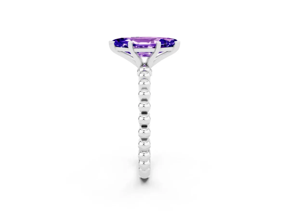 Marquise Cut Tanzanite Solitaire Ring with Beaded Band and Prong Setting Silver