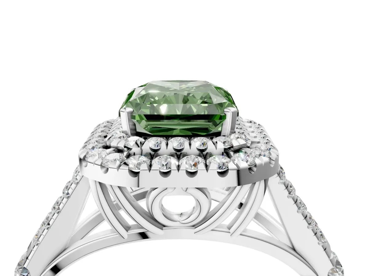 Fancy Green Radiant Cut Cut Double Halo Split Shank Diamond Ring with Prong Setting Platinum