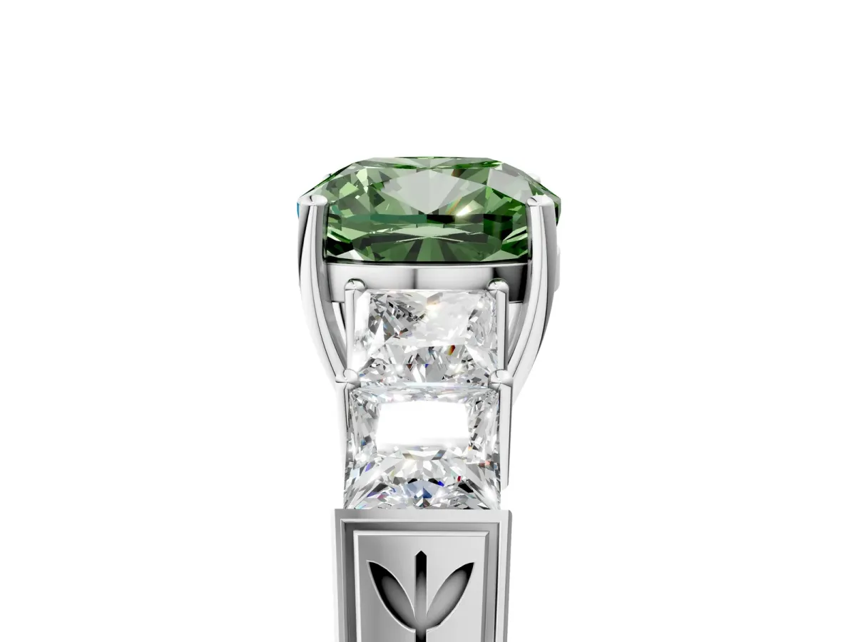 Fancy Green Cushion Cut Solitaire Princess Side Stone Engraved Band Prong Setting Ring Platinum
