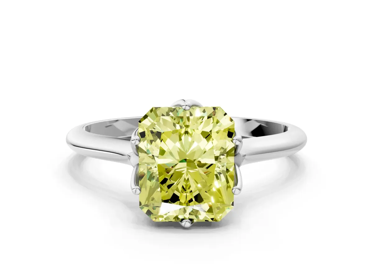 Fancy Yellow Radiant Cut Solitaire Cathedral Diamond Ring with Six-Prong Setting Platinum