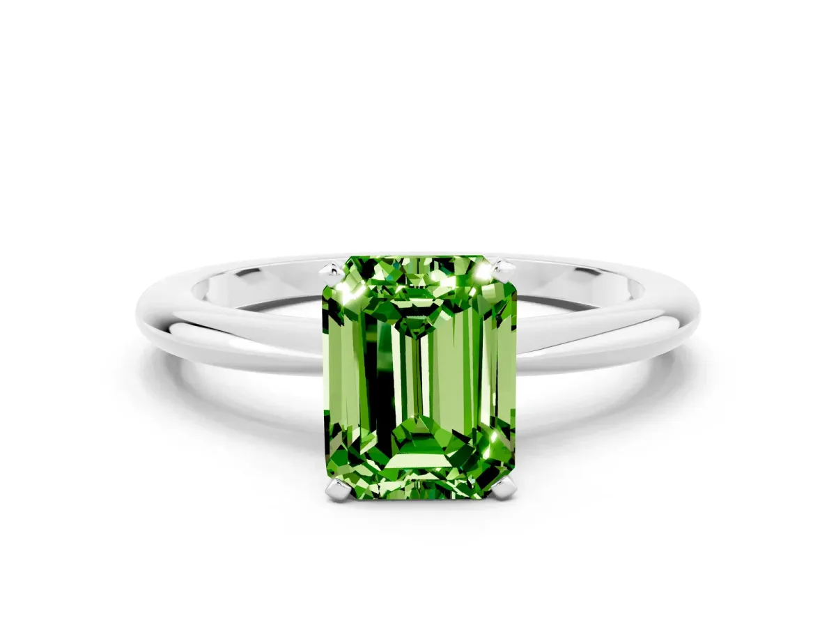 Emerald Cut Peridot Solitaire Ring with Six-Prong Setting and Classic Band White gold