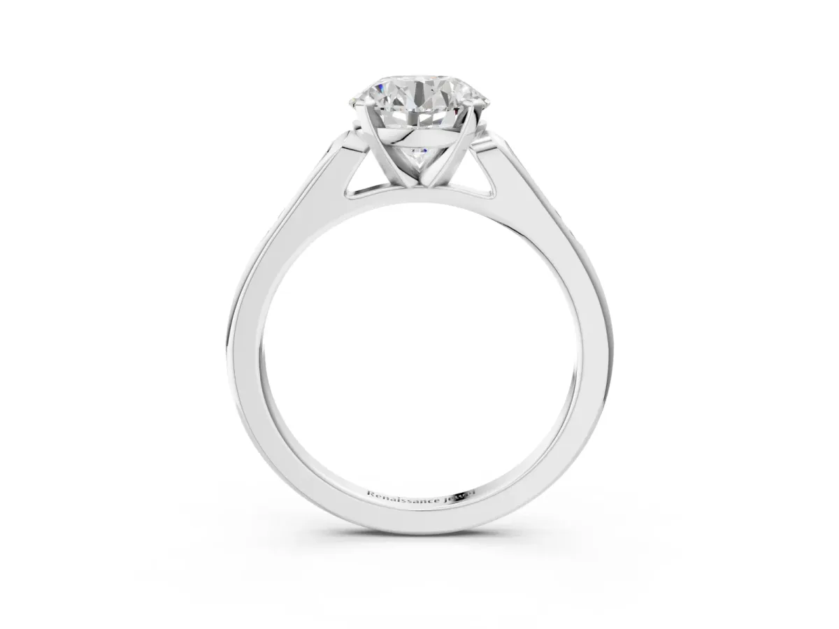 Round Cut Diamond Solitaire Ring with Channel Set Round Band and Prong Setting Silver