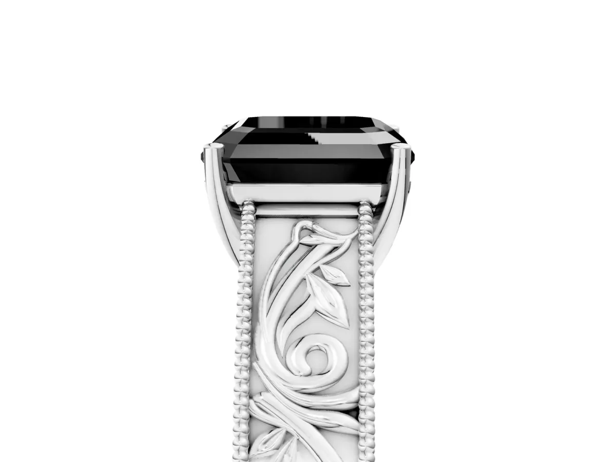 Fancy Black Asscher Cut Diamond Solitaire Ring with Engraved Band and Four-Prong Setting Platinum